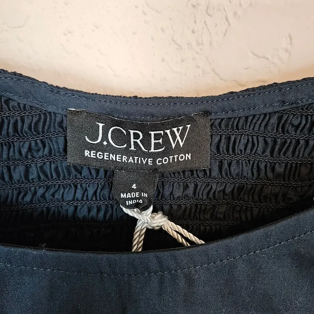 J Crew Puff Sleeve Cropped Top 100% Cotton Poplin Navy Women's‎ Size 4 Summer